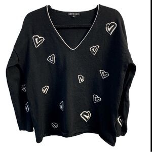 Leo & Ugo Black And White V Neck Heart Sweater Size M/L Beaded Embellished